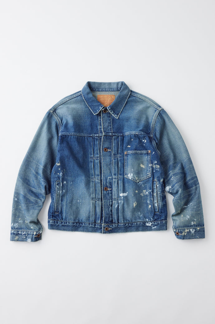 GL15376H / RECYCLED WASTE SUVIN COTTON YARN 11.5oz. DENIM PLEATED BLOUSE WW II MODEL VINTAGE WASHED