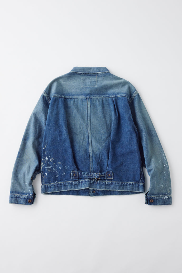 GL15376H / RECYCLED WASTE SUVIN COTTON YARN 11.5oz. DENIM PLEATED BLOUSE WW II MODEL VINTAGE WASHED