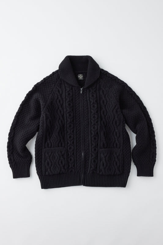 GL90255 / WOOL × SABLE LOW GAUZE CABLE KNIT ZIP SWEATER