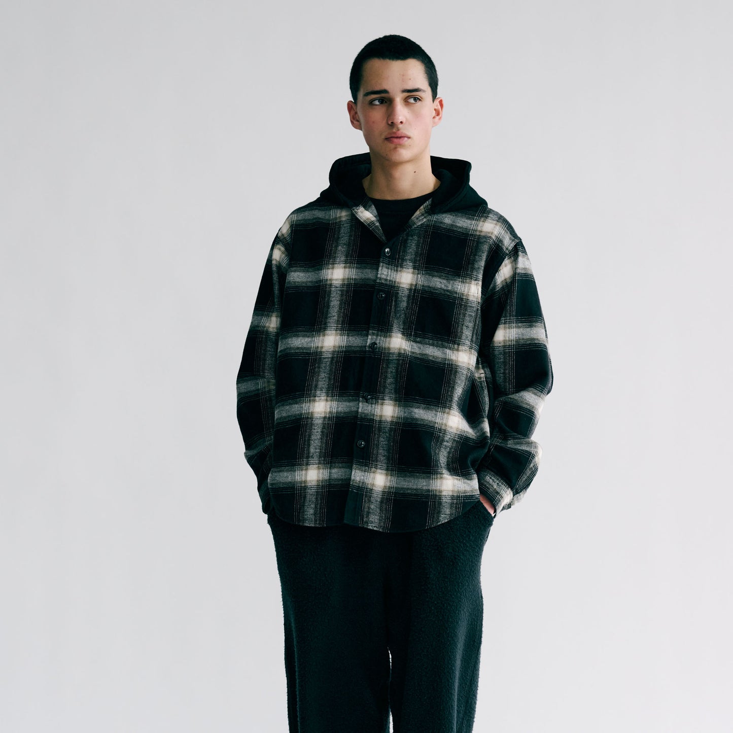 GL29343 / COTTON NEL CHECK WORK SHIRT with SWEAT HOODIE