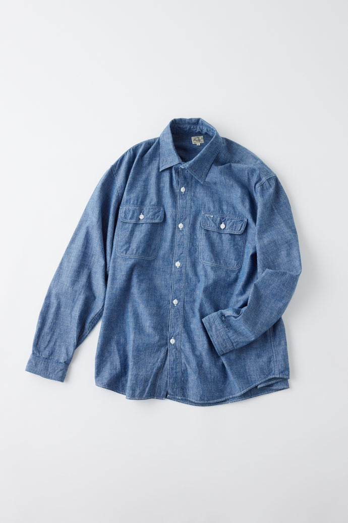 GL29141P / BLUE CHAMBRAY WORK SHIRT “gold" LOGO PRINTED